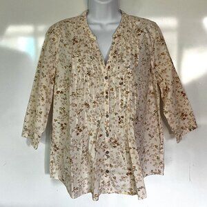 Sonoma Life & Style Women Shirt Blouse Sz M Floral Tan Front Pleat Buttons Cotto